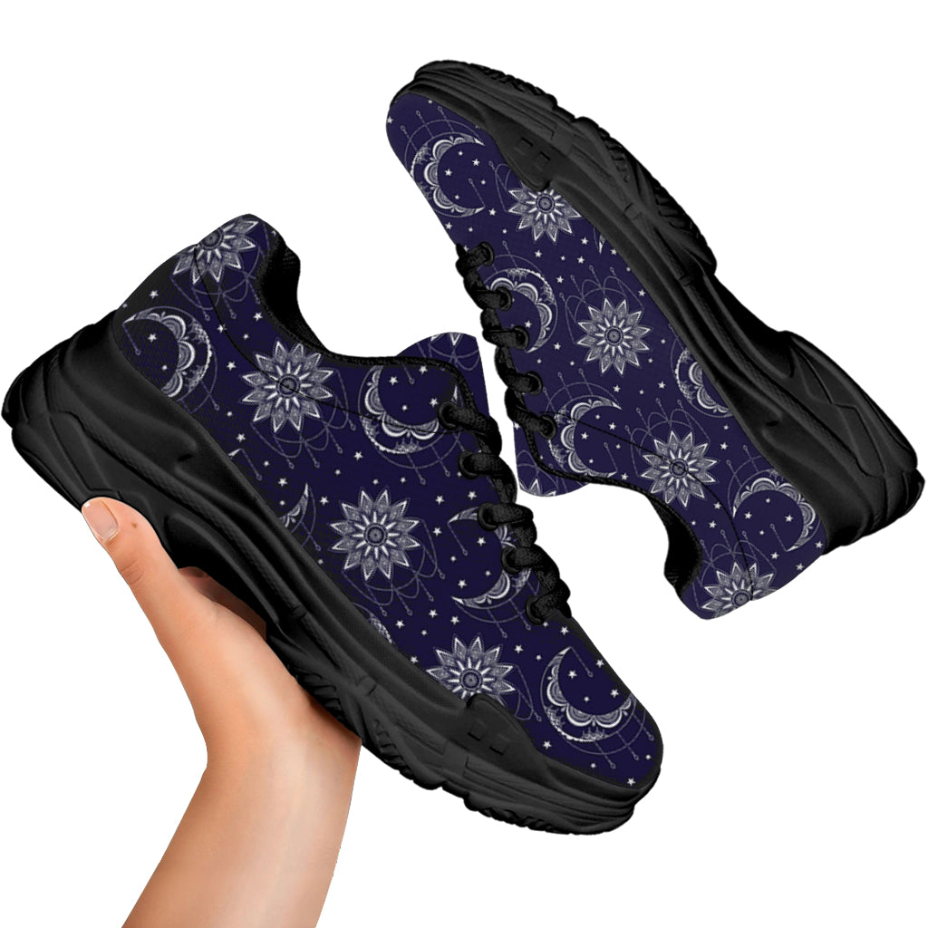 Boho Sun And Moon Pattern Print Black Chunky Shoes