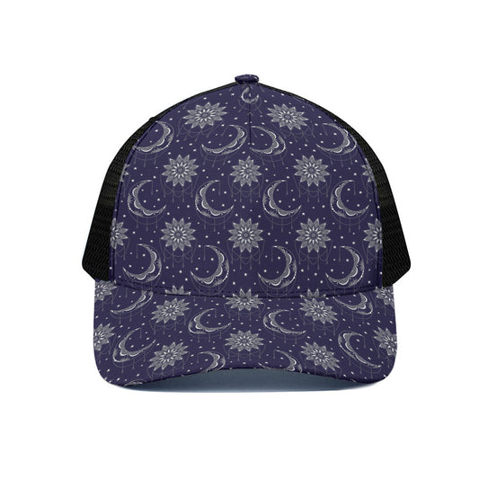 Boho Sun And Moon Pattern Print Black Mesh Trucker Cap