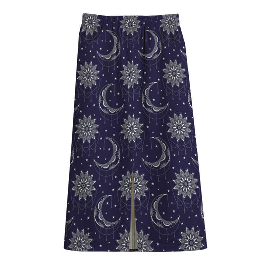 Boho Sun And Moon Pattern Print Cotton Front Slit Maxi Skirt