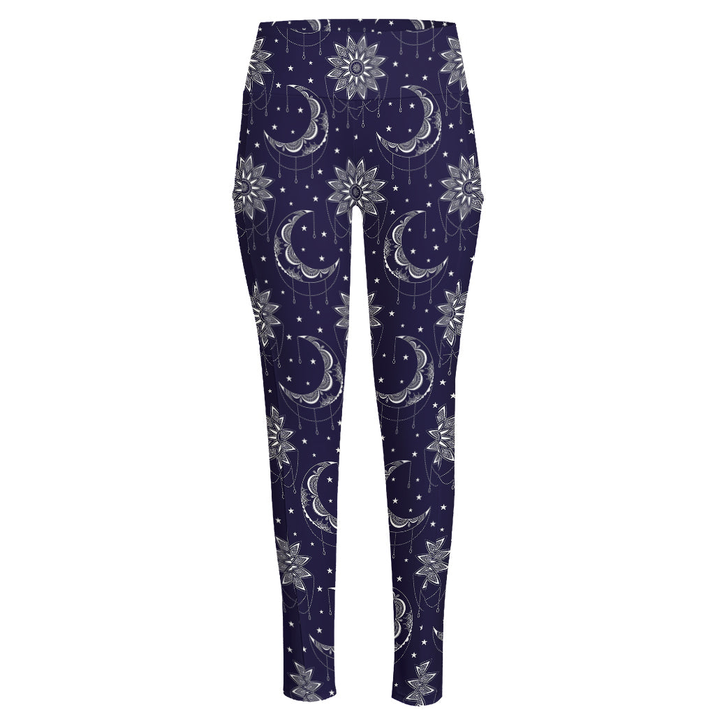 Boho Sun And Moon Pattern Print High-Waisted Pocket Leggings