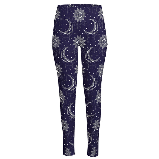 Boho Sun And Moon Pattern Print High-Waisted Pocket Leggings