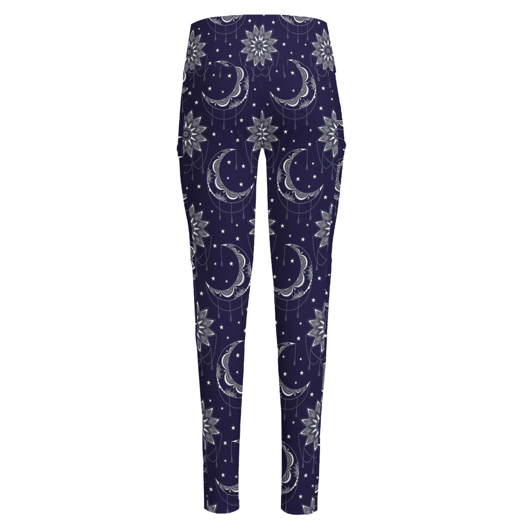 Boho Sun And Moon Pattern Print High-Waisted Pocket Leggings