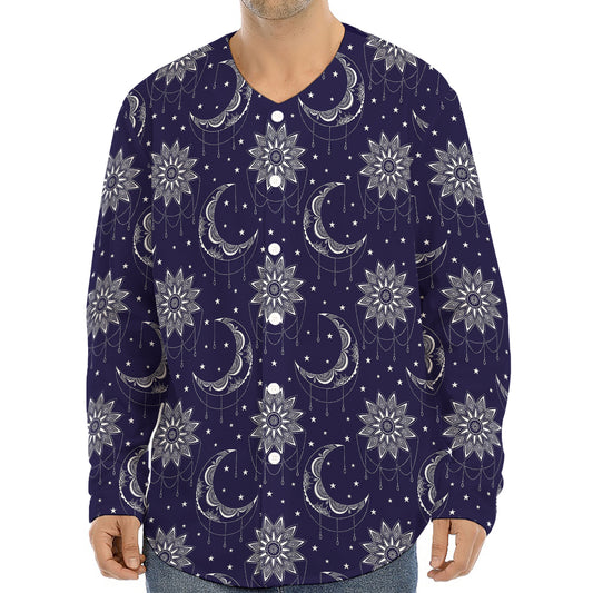 Boho Sun And Moon Pattern Print Long Sleeve Baseball Jersey