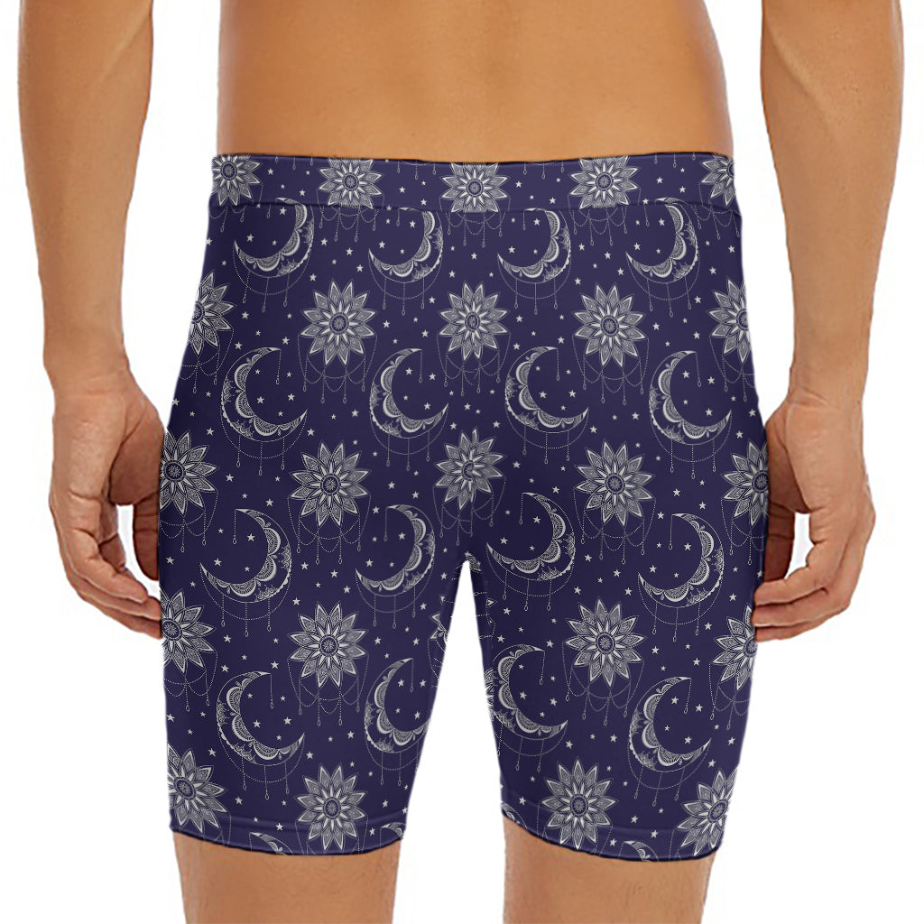 Boho Sun And Moon Pattern Print Men's Long Boxer Briefs