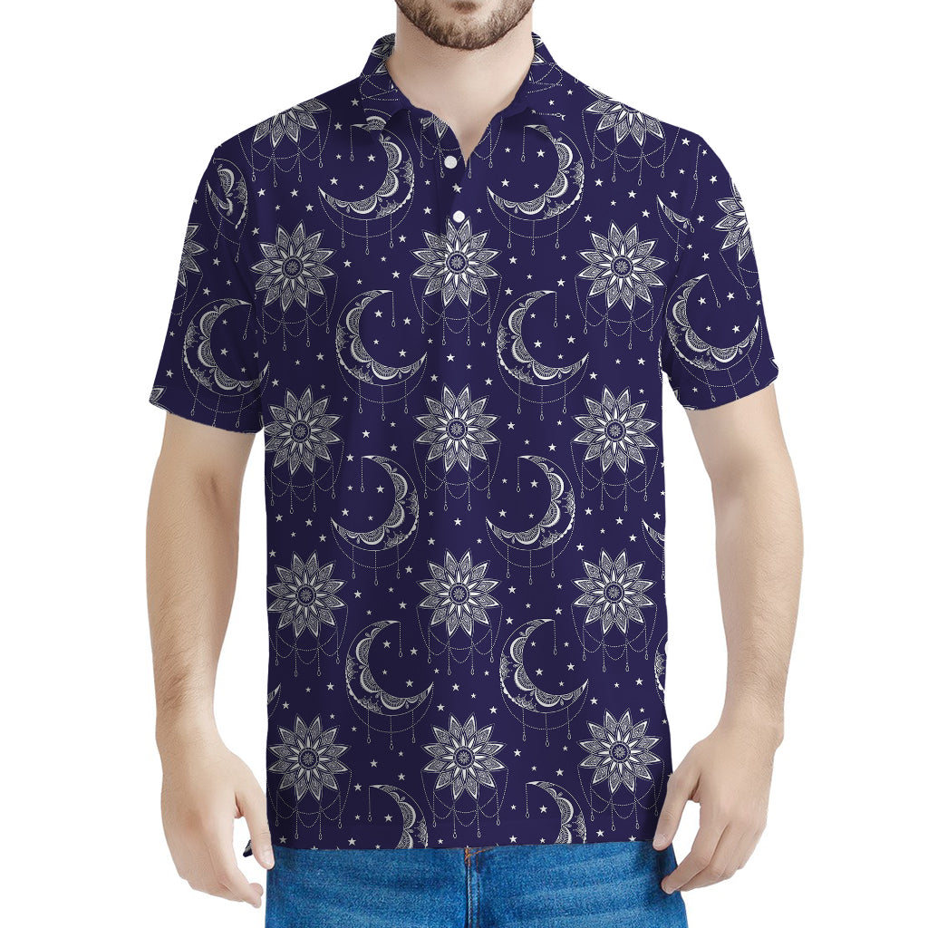 Boho Sun And Moon Pattern Print Men's Polo Shirt