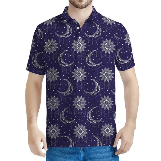 Boho Sun And Moon Pattern Print Men's Polo Shirt