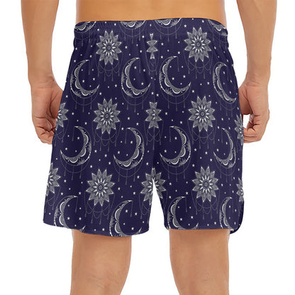 Boho Sun And Moon Pattern Print Men's Split Running Shorts
