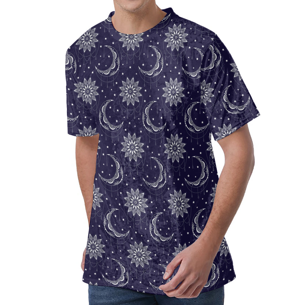 Boho Sun And Moon Pattern Print Men's Velvet T-Shirt
