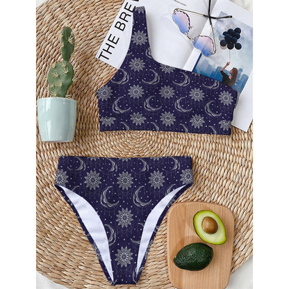 Boho Sun And Moon Pattern Print One Shoulder Bikini Top