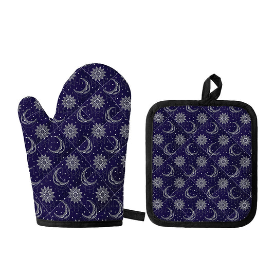 Boho Sun And Moon Pattern Print Oven Mitt And Pot Holder Set