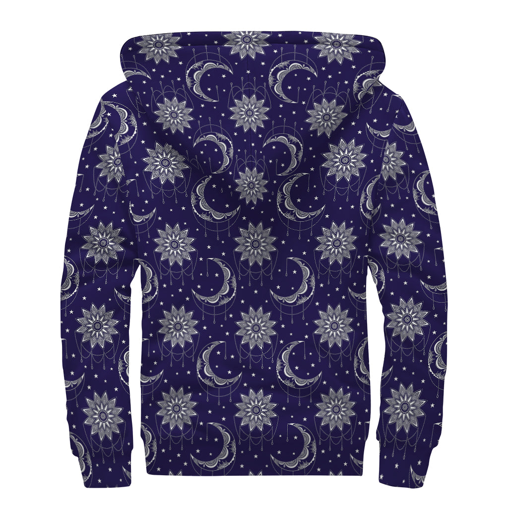 Boho Sun And Moon Pattern Print Sherpa Lined Zip Up Hoodie