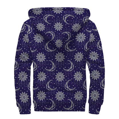 Boho Sun And Moon Pattern Print Sherpa Lined Zip Up Hoodie