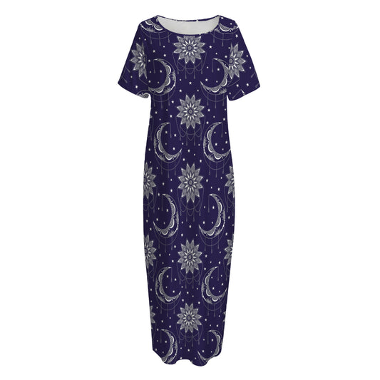 Boho Sun And Moon Pattern Print Short Sleeve Long Nightdress