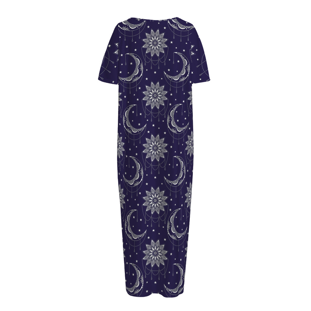 Boho Sun And Moon Pattern Print Short Sleeve Long Nightdress