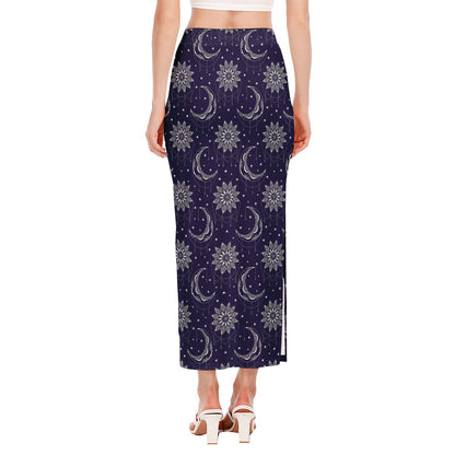 Boho Sun And Moon Pattern Print Side Slit Maxi Skirt