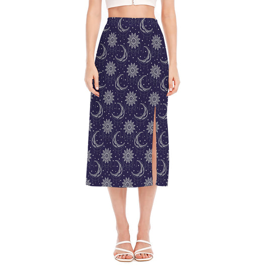 Boho Sun And Moon Pattern Print Side Slit Midi Skirt