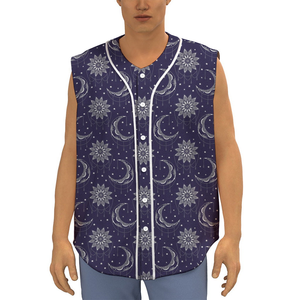 Boho Sun And Moon Pattern Print Sleeveless Baseball Jersey