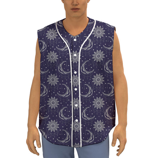 Boho Sun And Moon Pattern Print Sleeveless Baseball Jersey