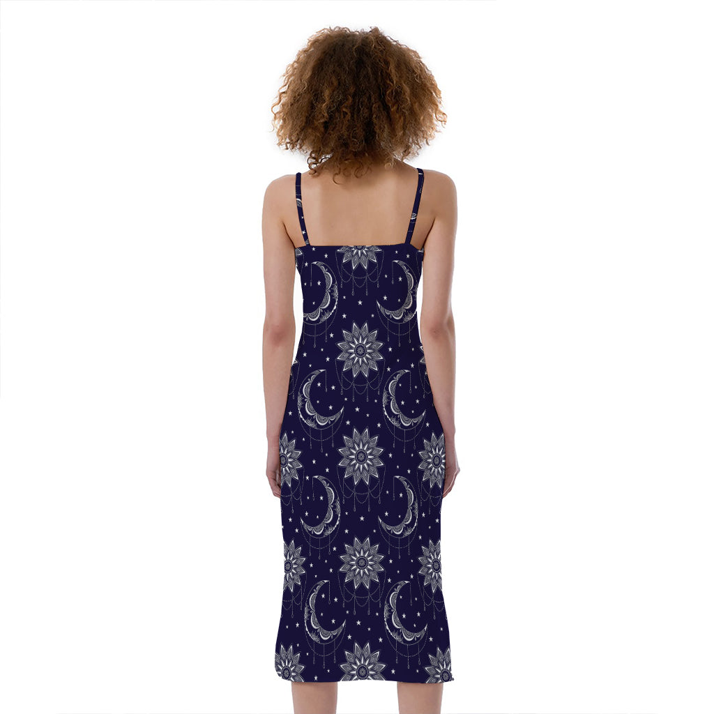 Boho Sun And Moon Pattern Print Slim Fit Midi Cami Dress