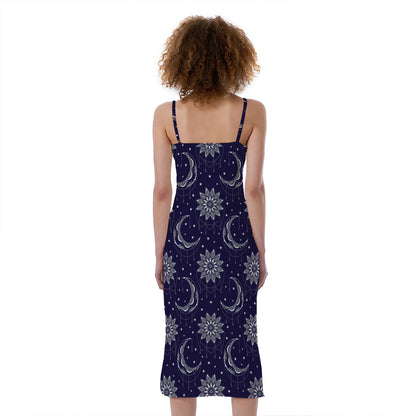Boho Sun And Moon Pattern Print Slim Fit Midi Cami Dress