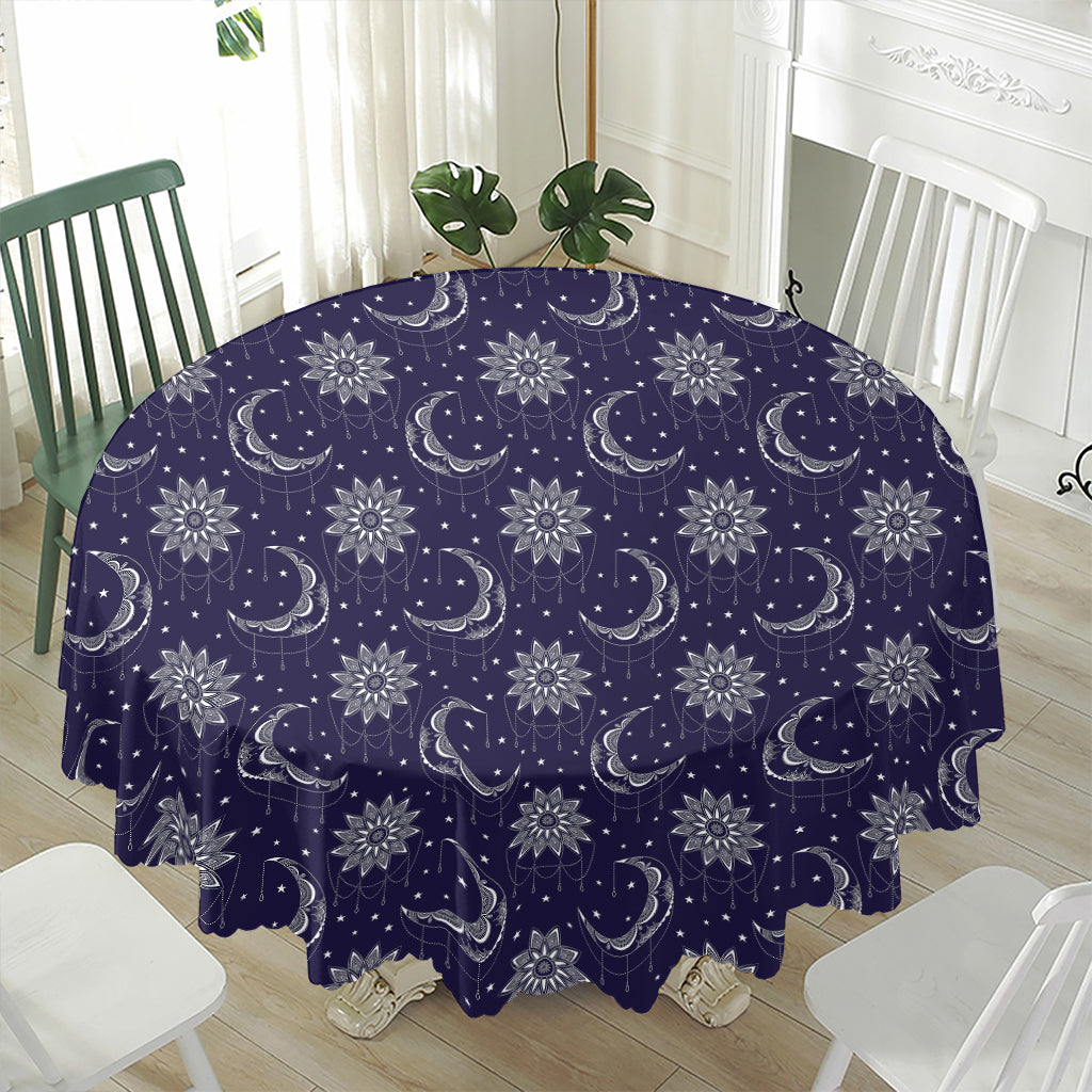 Boho Sun And Moon Pattern Print Waterproof Round Tablecloth