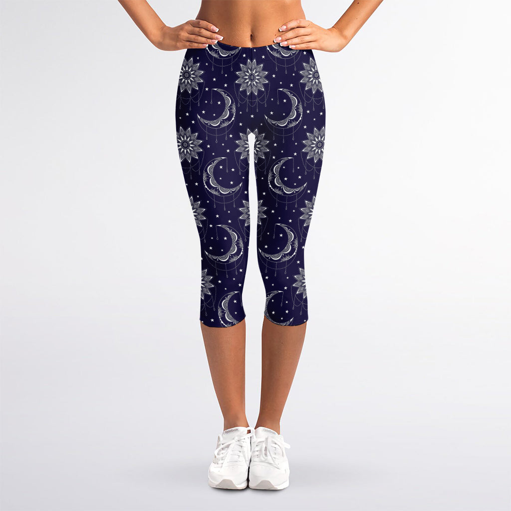 Boho Sun And Moon Pattern Print Women's Capri Leggings