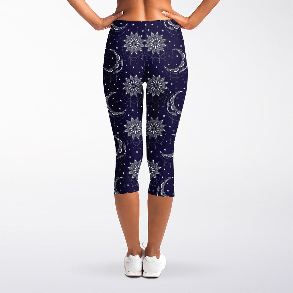 Boho Sun And Moon Pattern Print Women's Capri Leggings