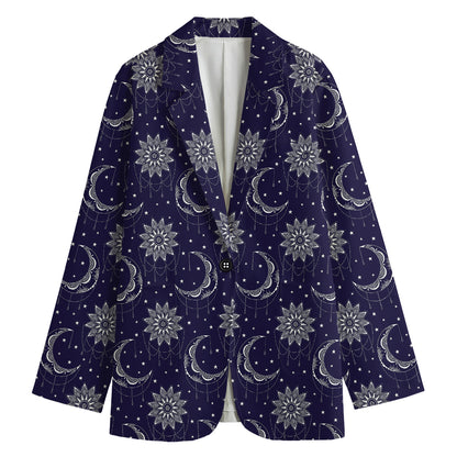 Boho Sun And Moon Pattern Print Women's Cotton Blazer