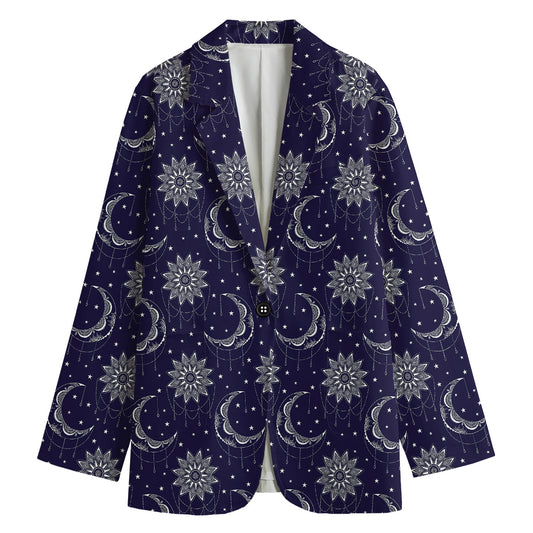 Boho Sun And Moon Pattern Print Women's Cotton Blazer