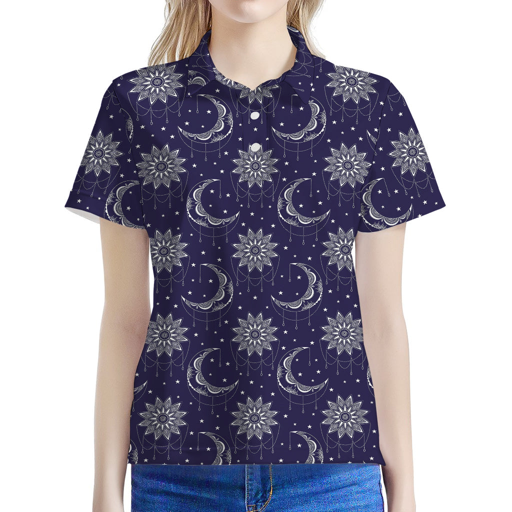 Boho Sun And Moon Pattern Print Women's Polo Shirt
