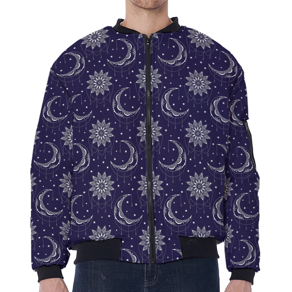 Boho Sun And Moon Pattern Print Zip Sleeve Bomber Jacket