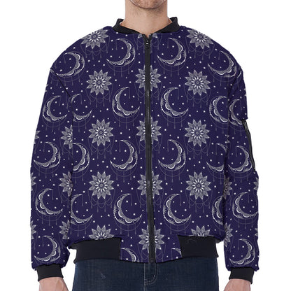 Boho Sun And Moon Pattern Print Zip Sleeve Bomber Jacket