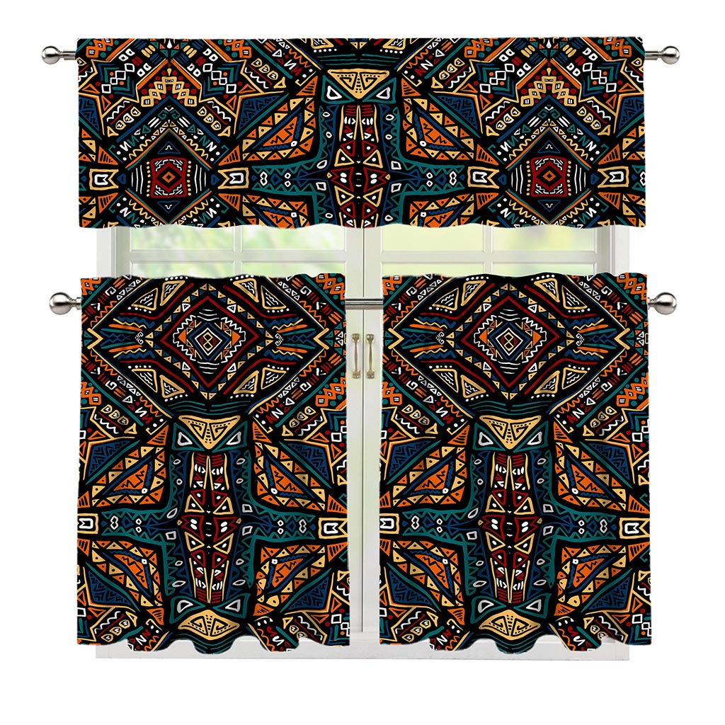 Boho Tribal Aztec Pattern Print 3 Piece Kitchen Curtains