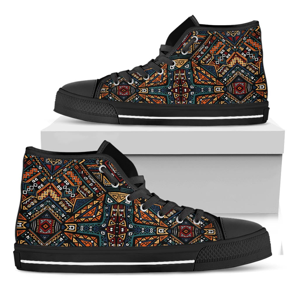Boho Tribal Aztec Pattern Print Black High Top Sneakers