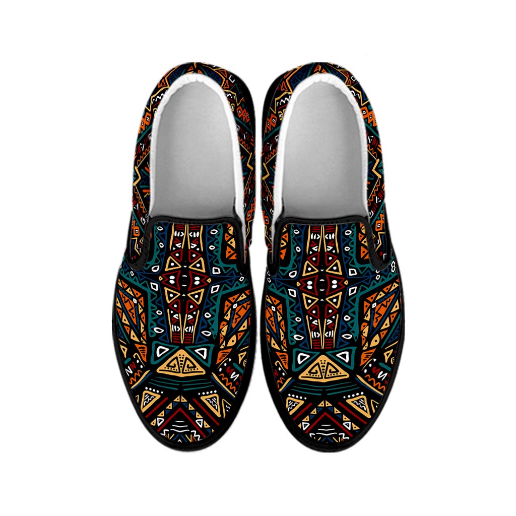 Boho Tribal Aztec Pattern Print Black Slip On Sneakers