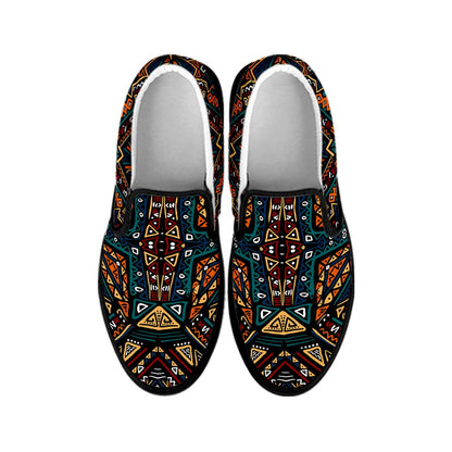 Boho Tribal Aztec Pattern Print Black Slip On Sneakers