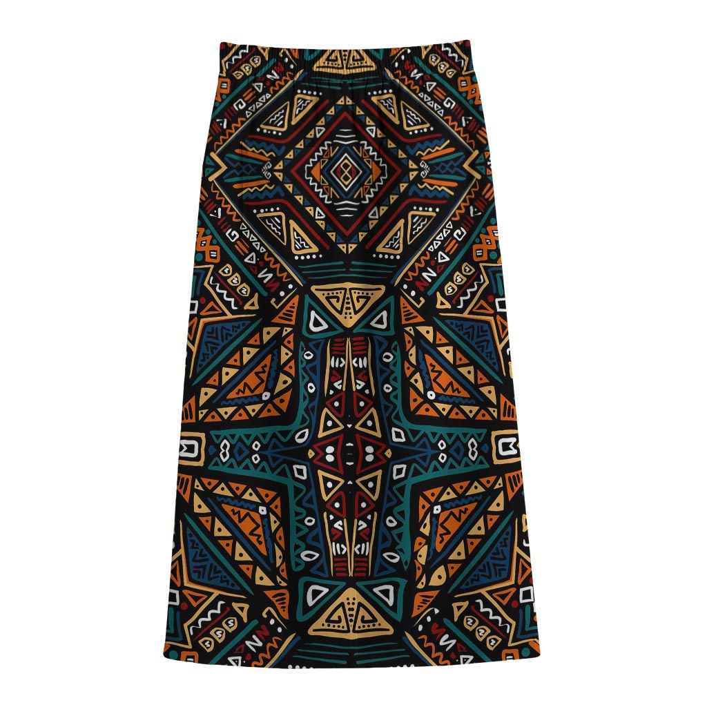 Boho Tribal Aztec Pattern Print Cotton Front Slit Maxi Skirt