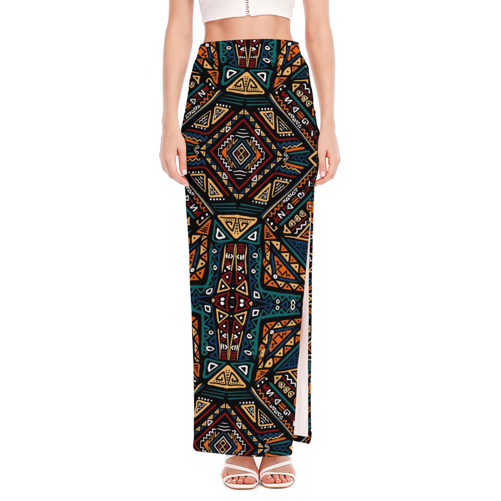 Boho Tribal Aztec Pattern Print High Slit Maxi Skirt