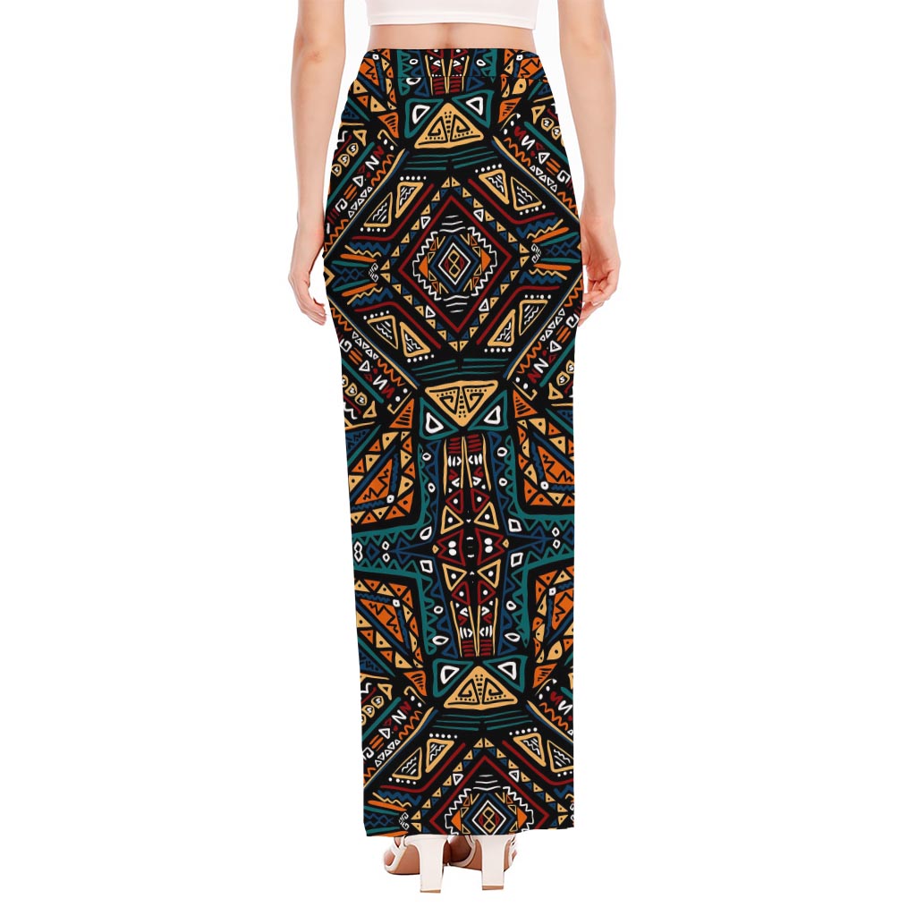 Boho Tribal Aztec Pattern Print High Slit Maxi Skirt