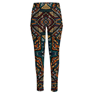 Boho Tribal Aztec Pattern Print High-Waisted Pocket Leggings