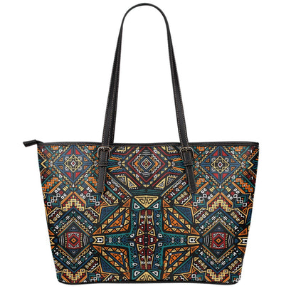 Boho Tribal Aztec Pattern Print Leather Tote Bag