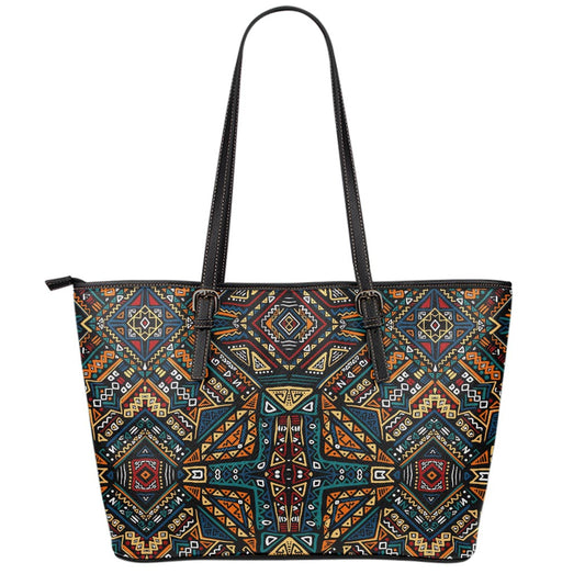 Boho Tribal Aztec Pattern Print Leather Tote Bag