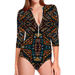 Boho Tribal Aztec Pattern Print Long Sleeve Swimsuit