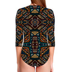 Boho Tribal Aztec Pattern Print Long Sleeve Swimsuit