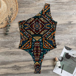 Boho Tribal Aztec Pattern Print One Shoulder Bodysuit