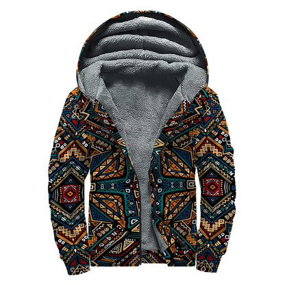 Boho Tribal Aztec Pattern Print Sherpa Lined Zip Up Hoodie
