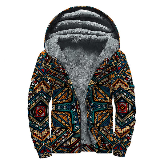 Boho Tribal Aztec Pattern Print Sherpa Lined Zip Up Hoodie