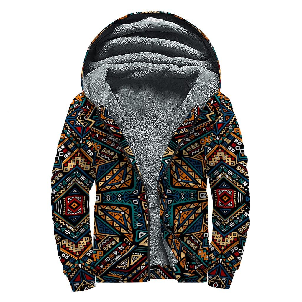 Boho Tribal Aztec Pattern Print Sherpa Lined Zip Up Hoodie