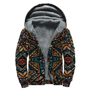 Boho Tribal Aztec Pattern Print Sherpa Lined Zip Up Hoodie