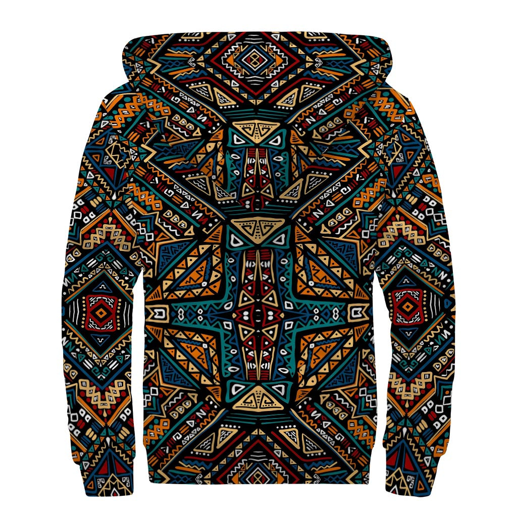 Boho Tribal Aztec Pattern Print Sherpa Lined Zip Up Hoodie